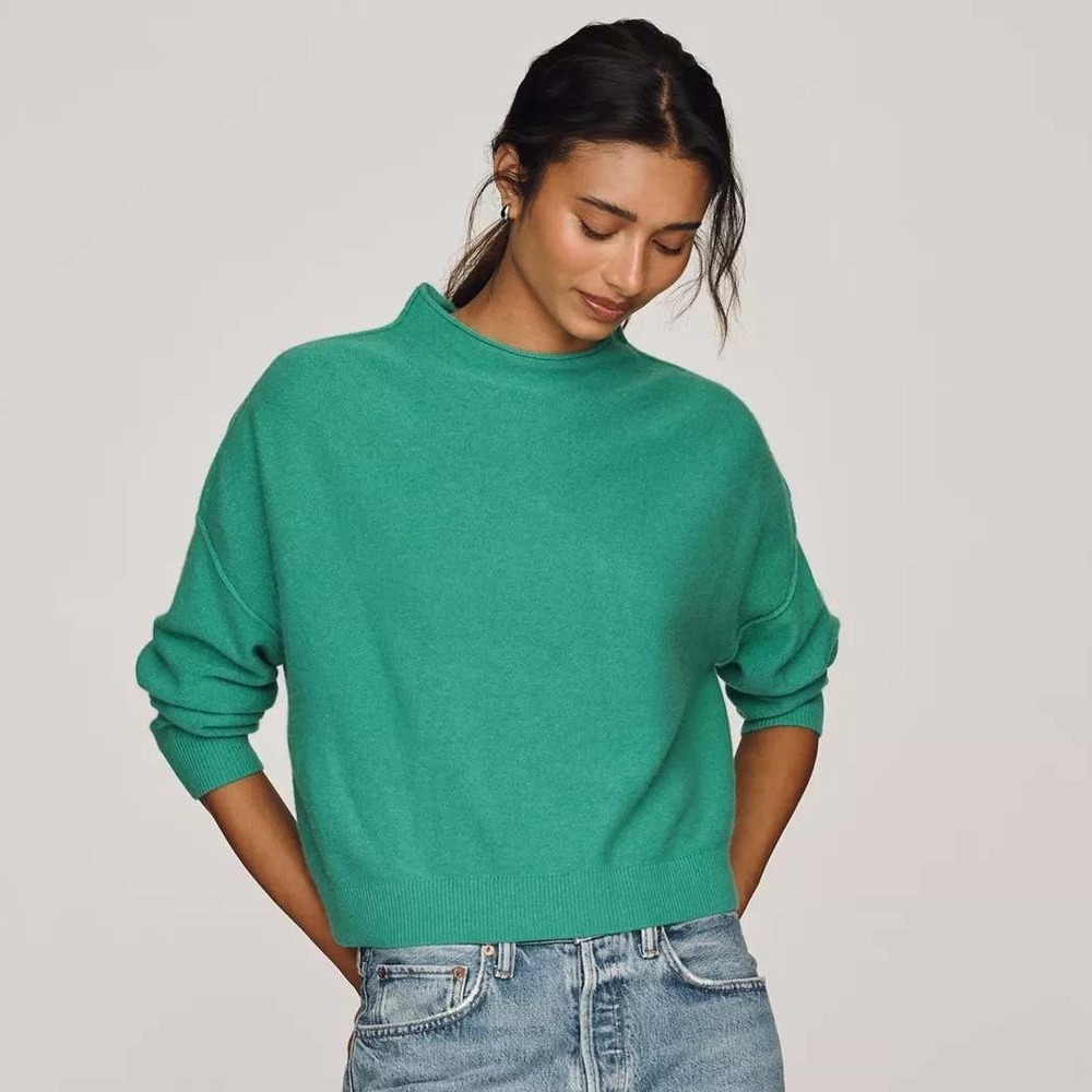 Anthropologie Pilcro Alani Cashmere Mock Neck Sweater M Green Relaxed Boxy Crop